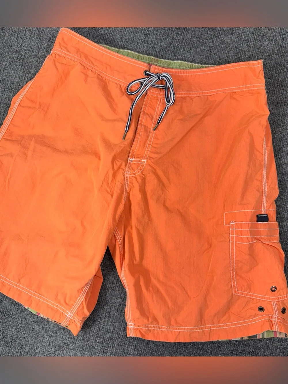 Tailor Vintage Mens Swim Trunks Medium Reversible Orange Green Plaid Drawstring